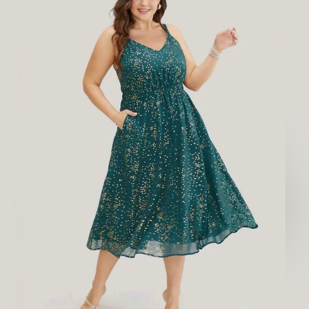 BloomChic Teal Midi Dress with Gold Speckle Print